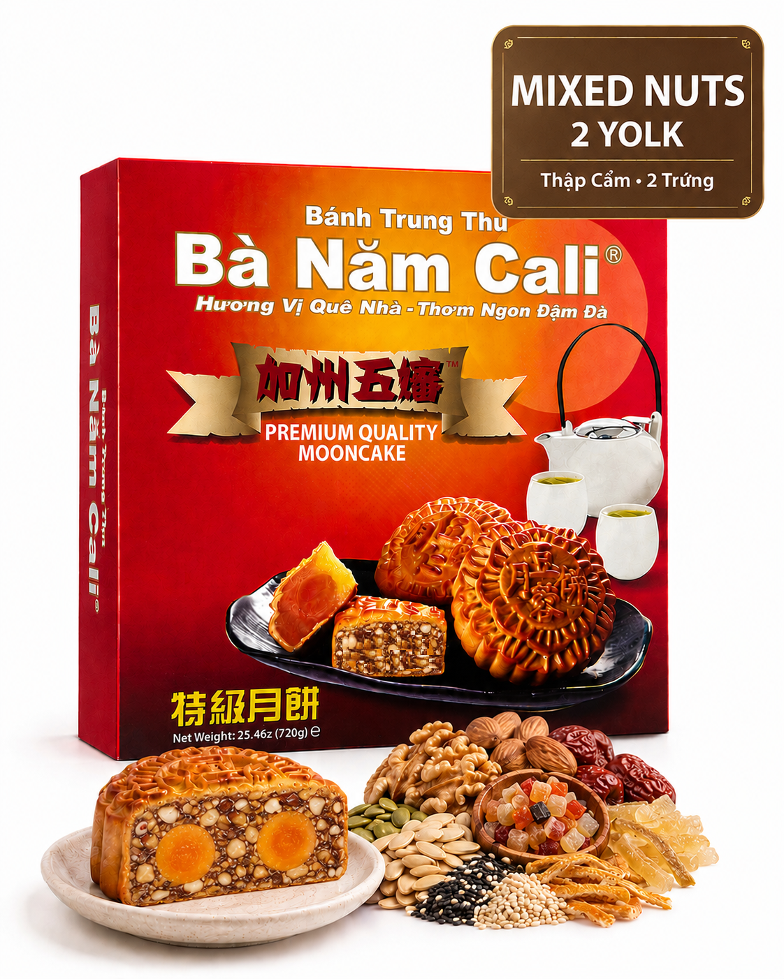 Ba Nam Cali Mixed Nuts Mooncake made with carefully selected nuts for a satisfying Mid-Autumn treat 2 yolks