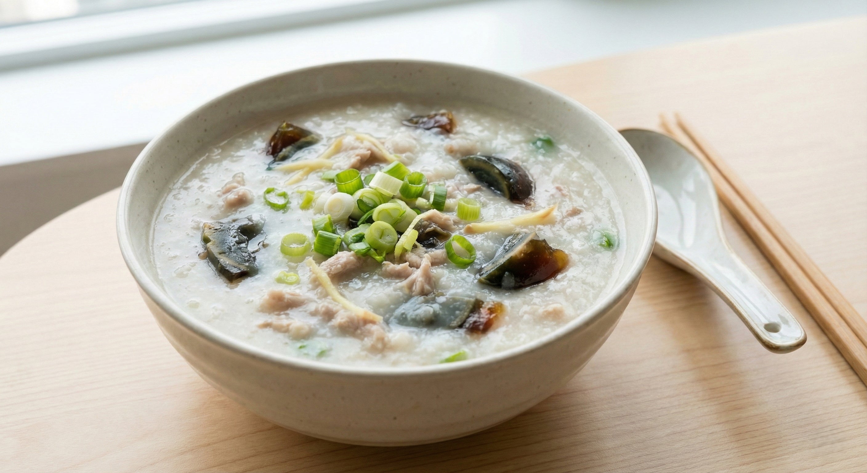 Bowl of congee with sliced pork and green onions. preserved eggs 