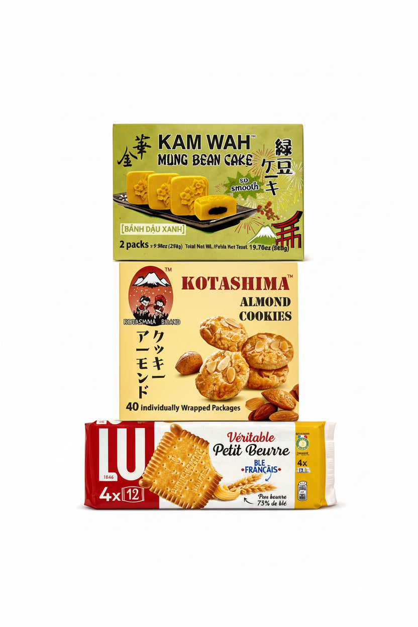 Kotashima almond cookies Kam Wah mung bean cake Lu Petit Beurre Asian French butter biscuit snack gift bundle