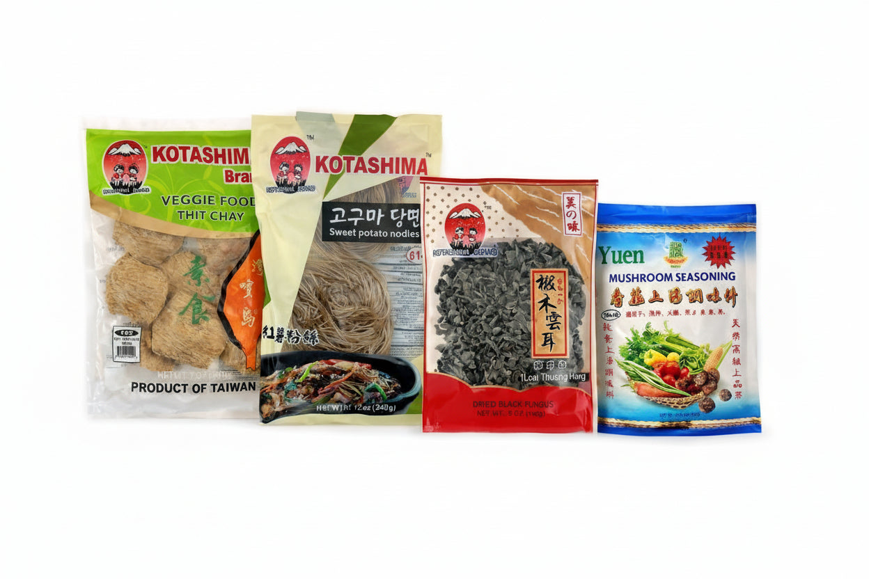 Kotashima sweet potato glass noodles vegetarian pork chop wood ear mushroom Yuen seasoning plant-based Asian noodle bowl bundle